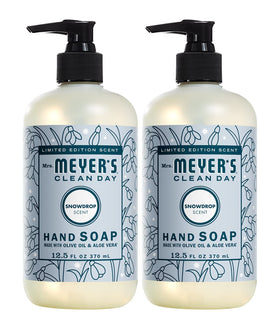 Mrs. Meyer's SnowDrop hand soap bottle with moisturizing olive oil for gentle cleansing