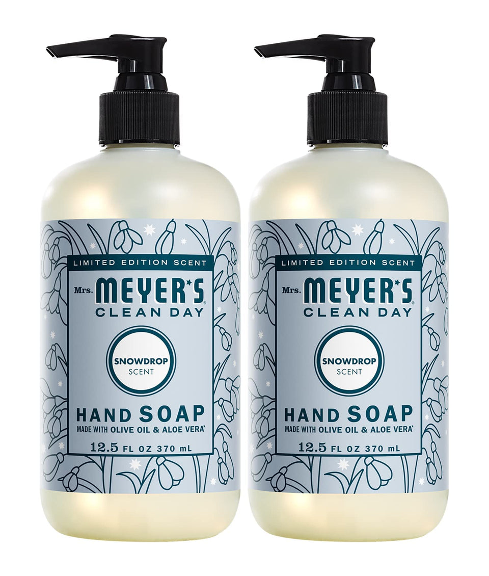 Mrs. Meyer's SnowDrop hand soap bottle with moisturizing olive oil for gentle cleansing