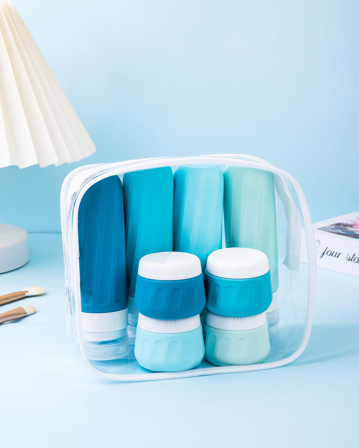 Silicone construction offers flexible, durable travel containers for liquids and creams.