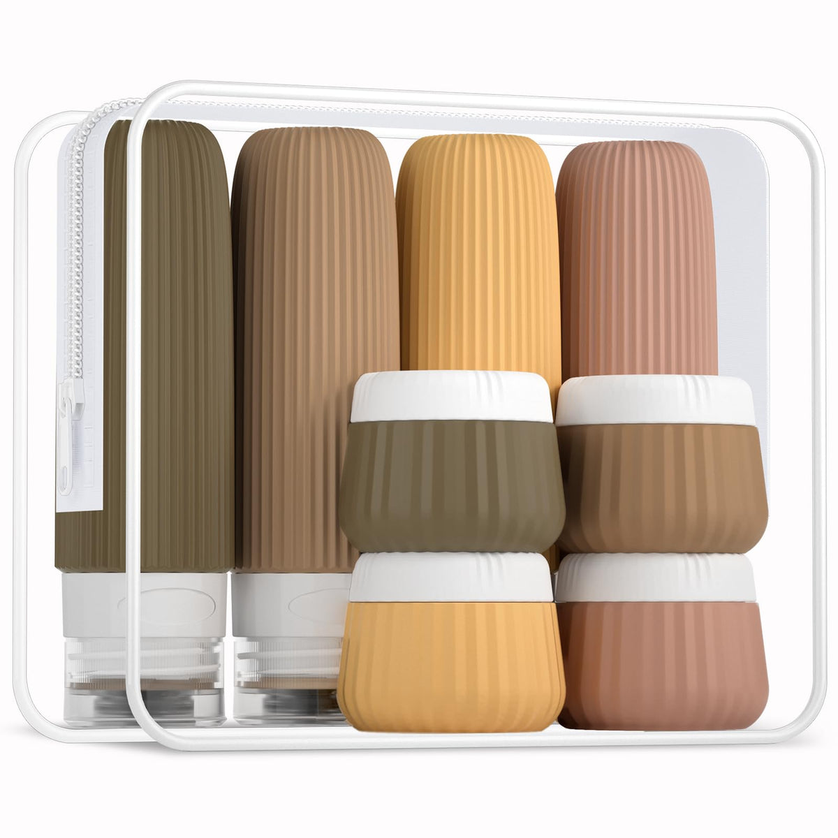Mrsdry travel bottles eight-pack displayed in a clear bag for easy packing.