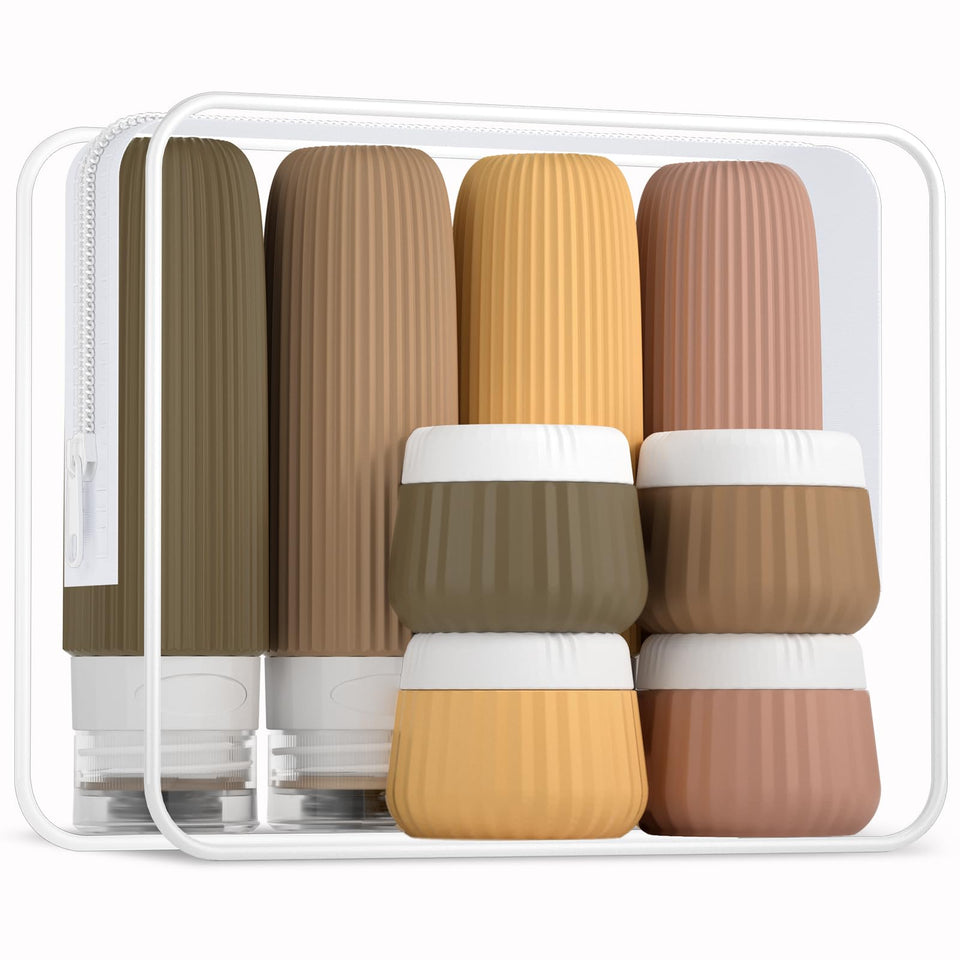 Mrsdry travel bottles eight-pack displayed in a clear bag for easy packing.