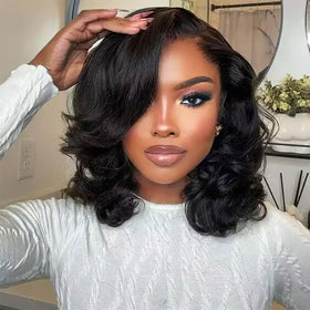 mscoco bob wig with human hair, lace-front, natural black body wave for everyday wear.
