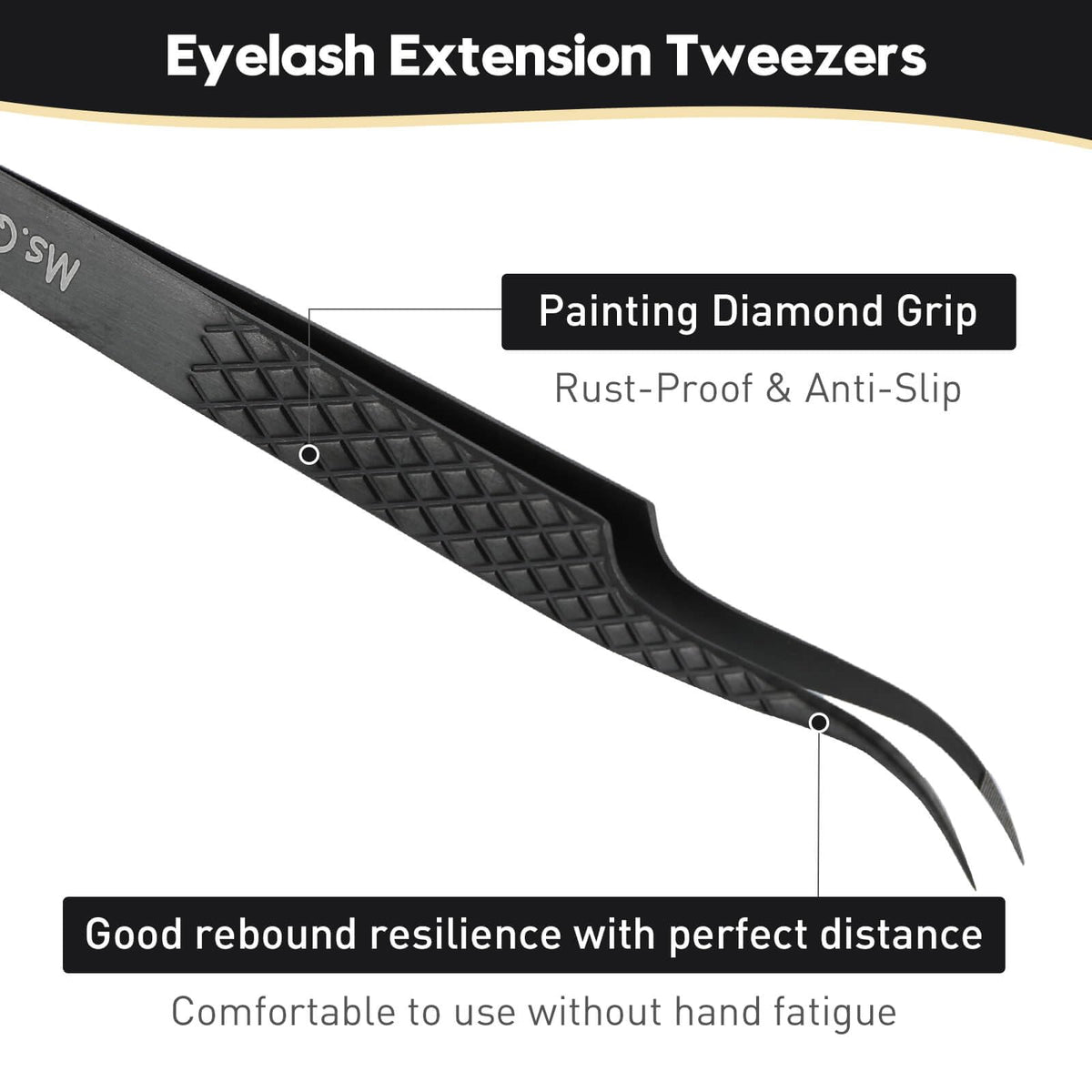 Ms.Queen curved 90-degree tweezers for controlled lash placement.