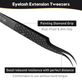 Ms.Queen curved 90-degree tweezers for controlled lash placement.