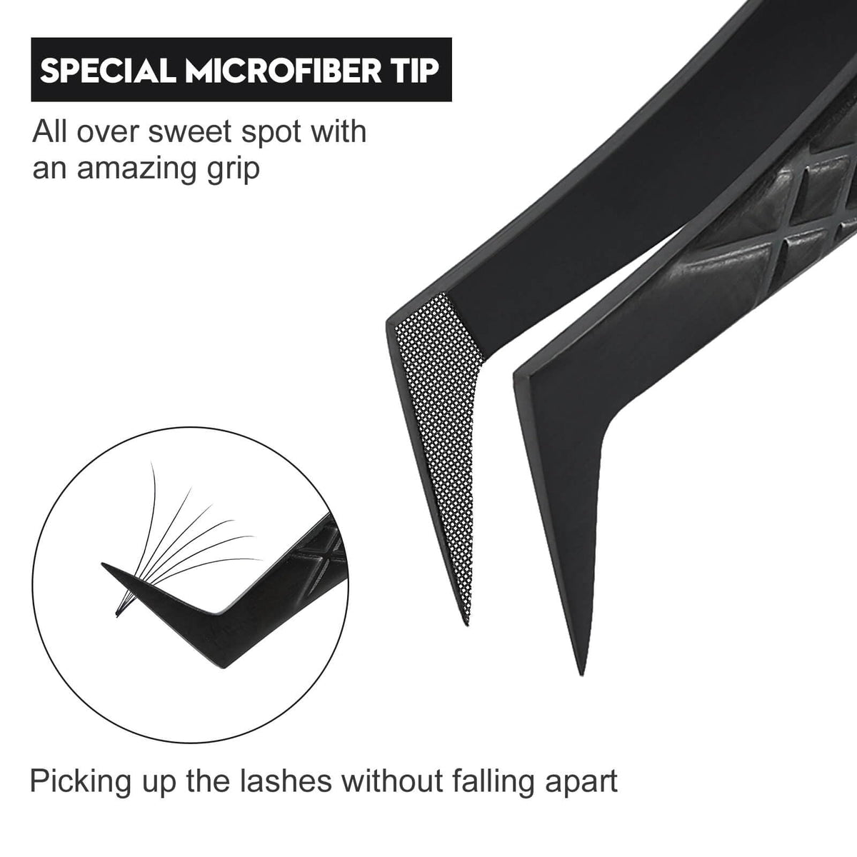Close-up of Ms.Queen fiber-tip tweezers showing secure grip.