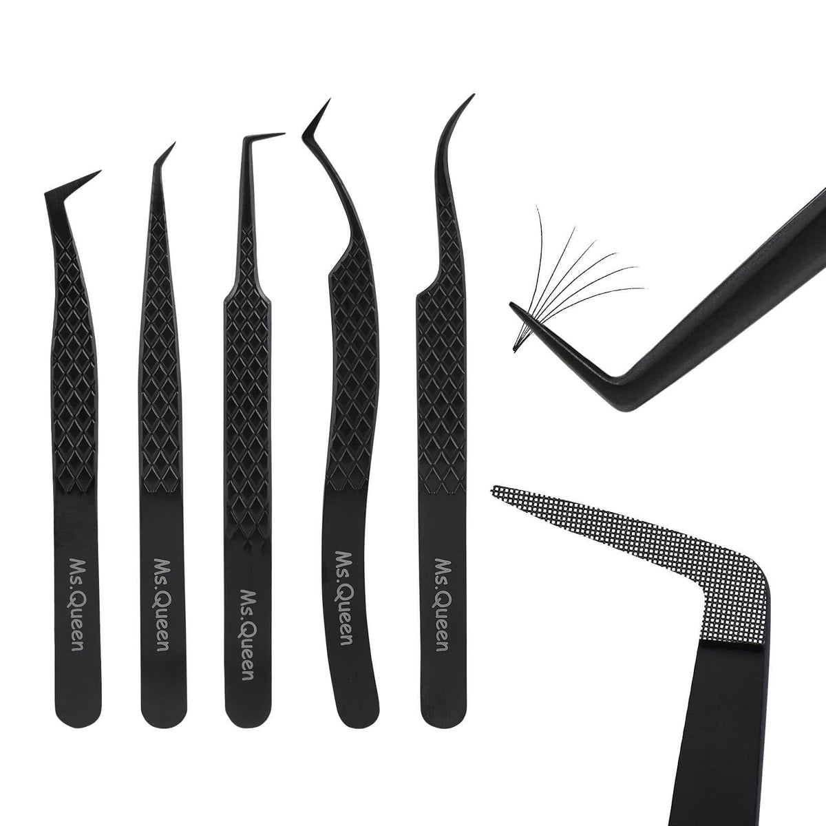 Ms.Queen lash tweezers set with microfiber tip for precise lash pickup.