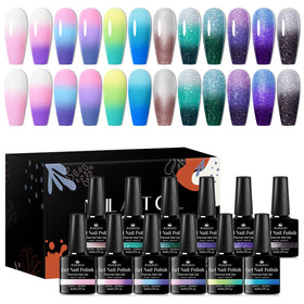 MSRUIOO 12-color mood gel set shows temperature-shifting hues for dynamic nail art.
