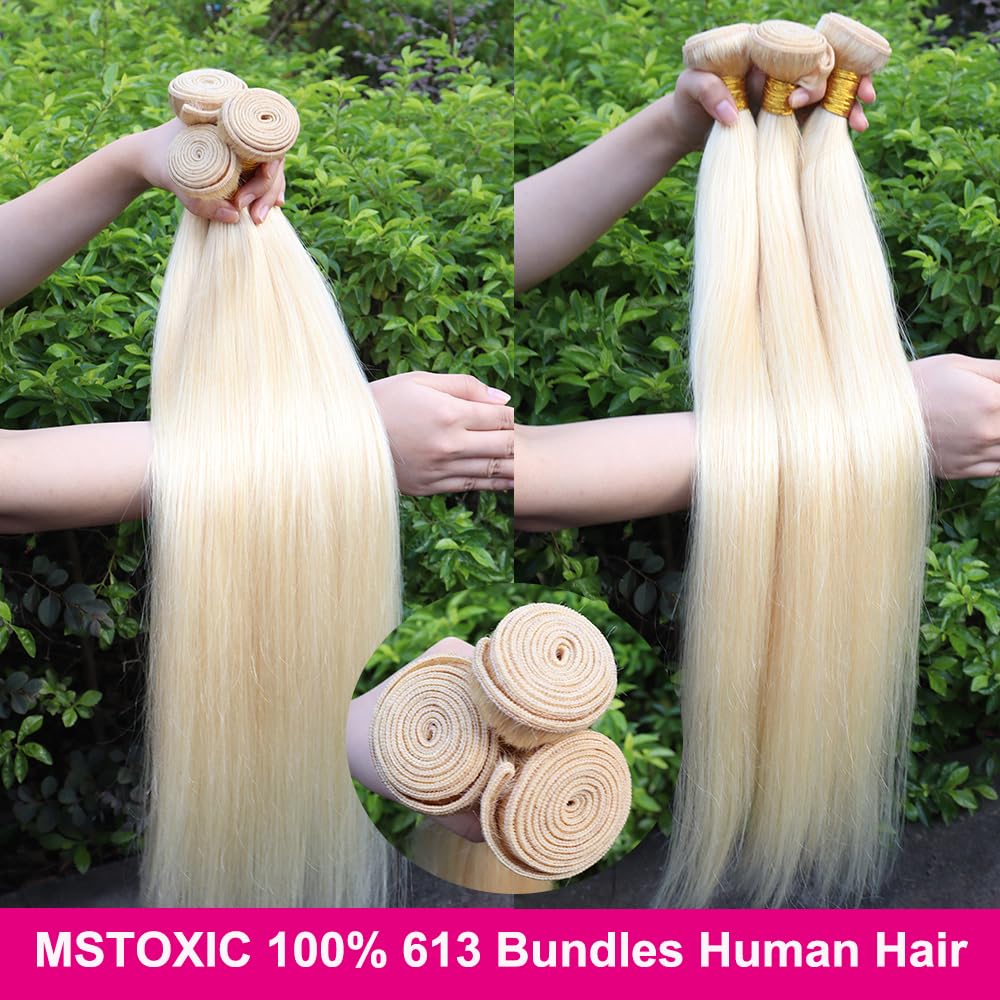 MSTOXIC 613 blonde bundles 20-inch straight dramatic length with healthy-looking shine.