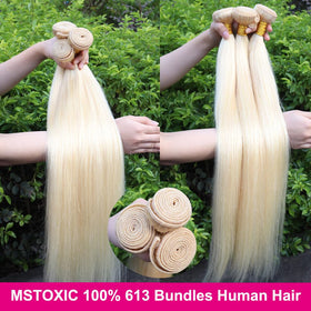 MSTOXIC 613 blonde bundles 20-inch straight dramatic length with healthy-looking shine.