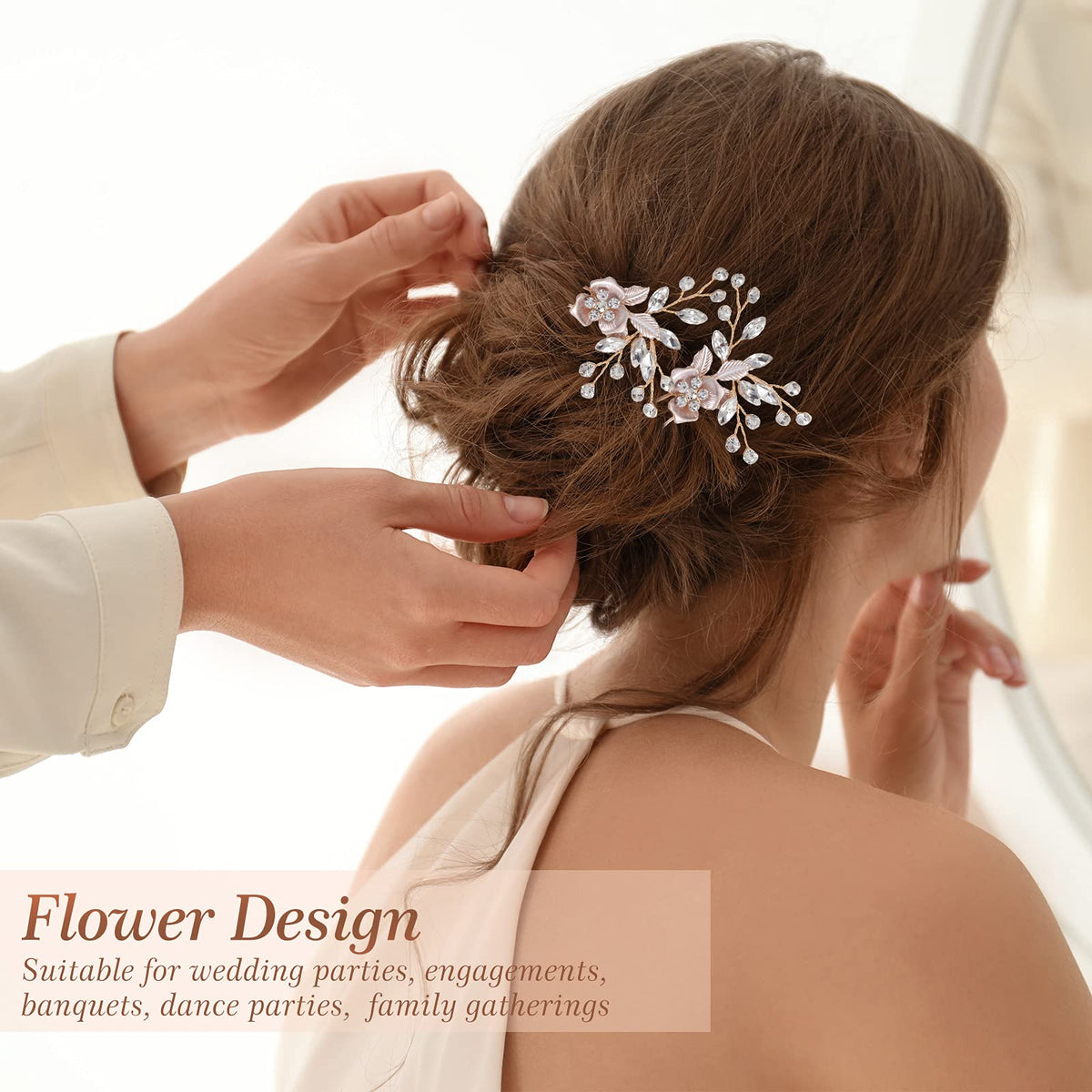 MTLEE rose gold crystal hair ornament closeup for bridal styling
