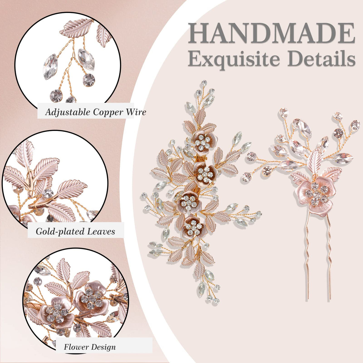 MTLEE rose gold hair clip with leaf detail for delicate updos