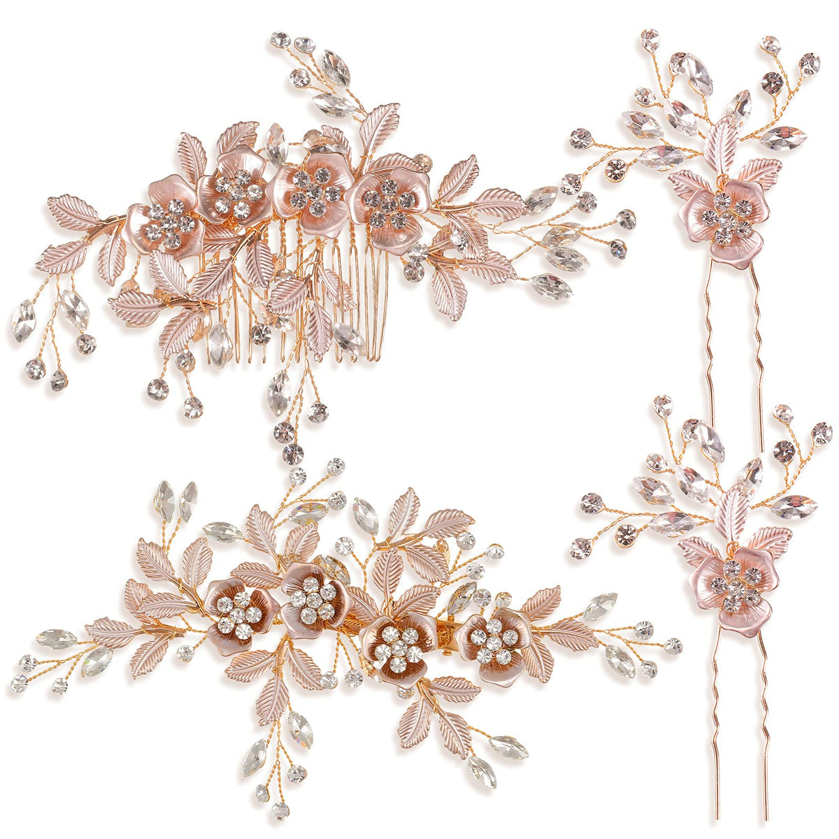 MTLEE bridal rose gold hair barrette with crystal leaves for wedding day sparkle