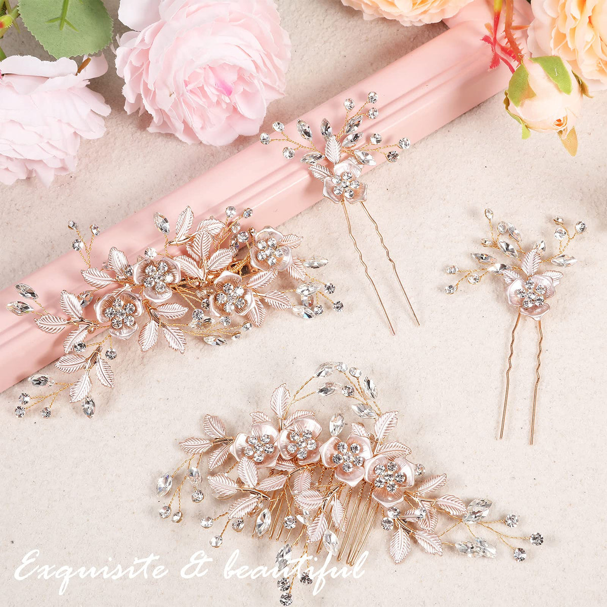 MTLEE closeup of rose gold leaf detailing on hair accessory