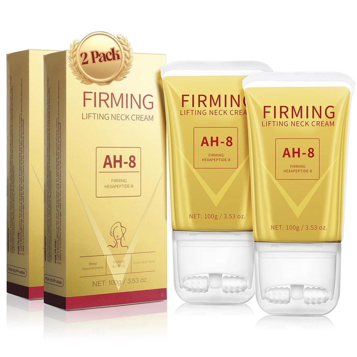 Mtmult AH-8 firming neck cream with roller targets the neck for a lifted contour.