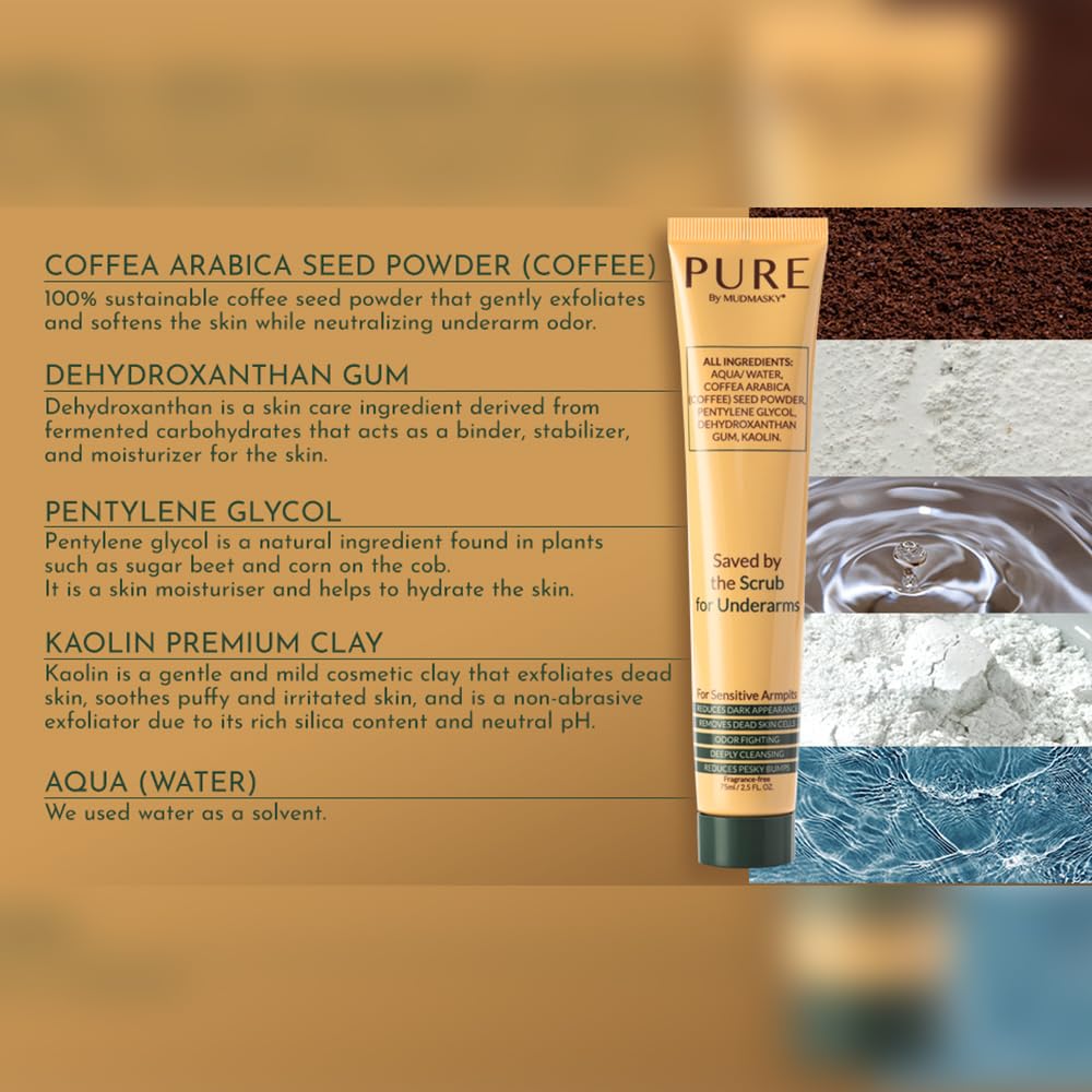 MUDMASKY Pure ingredients close-up with upcycled coffee beans for natural detox