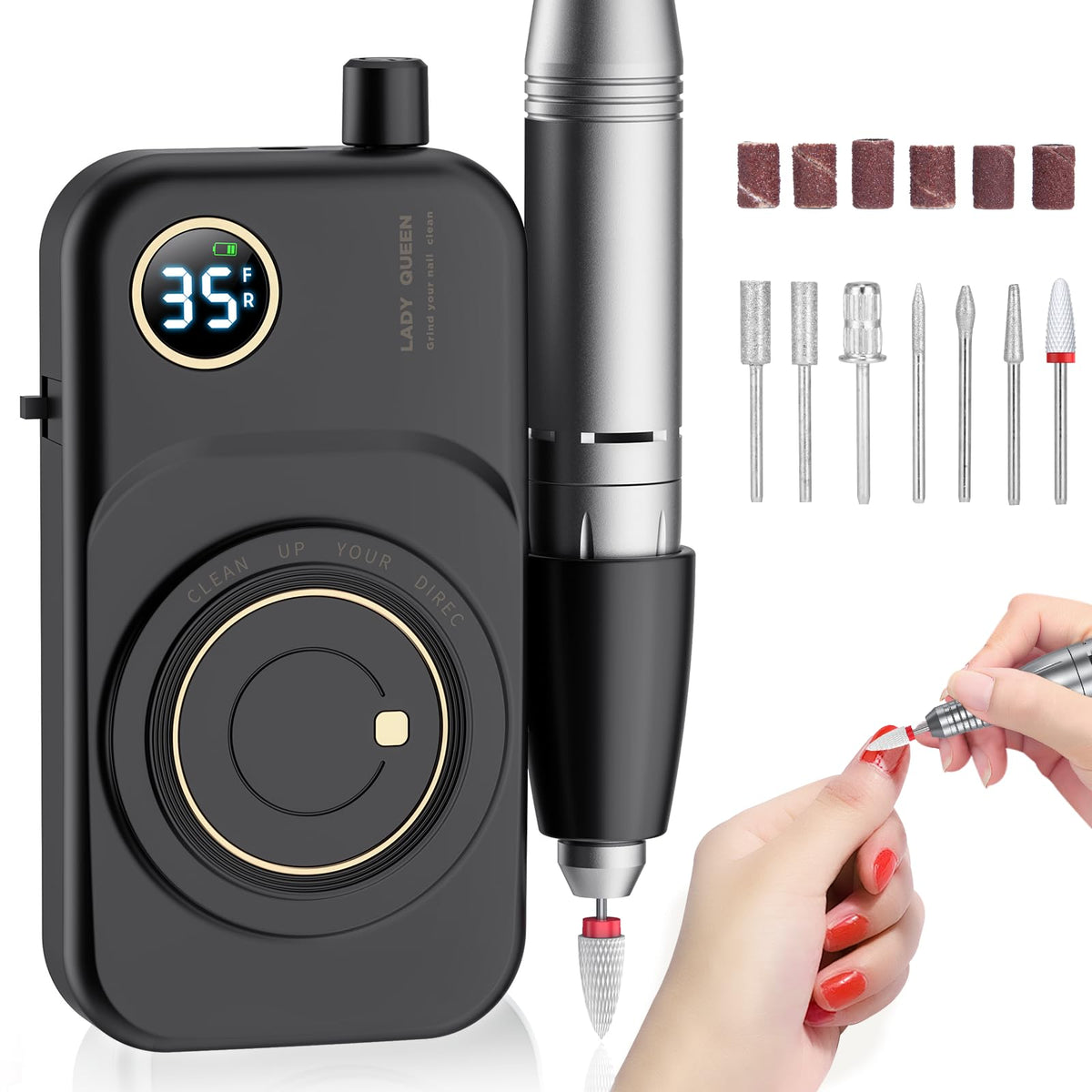 MUGLE portable nail drill at 35000 RPM for quick nail care sessions.