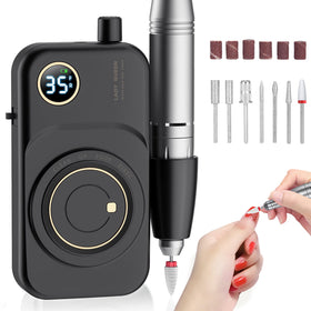 MUGLE portable nail drill at 35000 RPM for quick nail care sessions.
