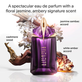 Mugler Alien Eau de Parfum bottle close-up highlighting jasmine and amber notes.