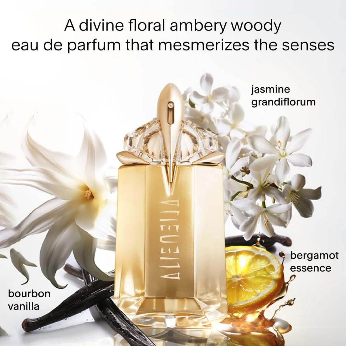 Close-up of Mugler Alien Goddess glow bottle for warm evening allure.