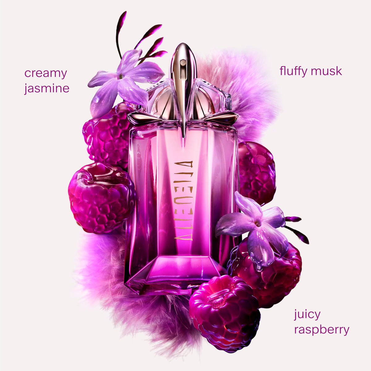 Mugler Alien Pulp bottle showcases jasmine for a creamy floral heart.