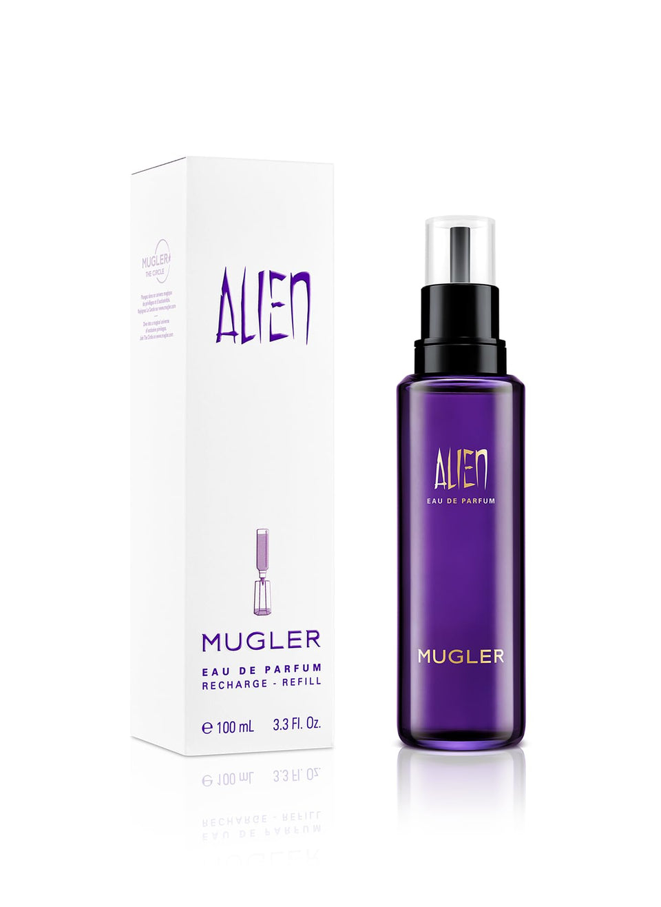Mugler Alien Refill front view bottle highlights sustainable luxury for daily use.