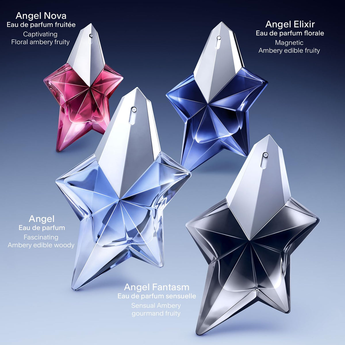 Mugler Angel Fantasm elegant bottle with halo-like cap evokes luxury fragrance.