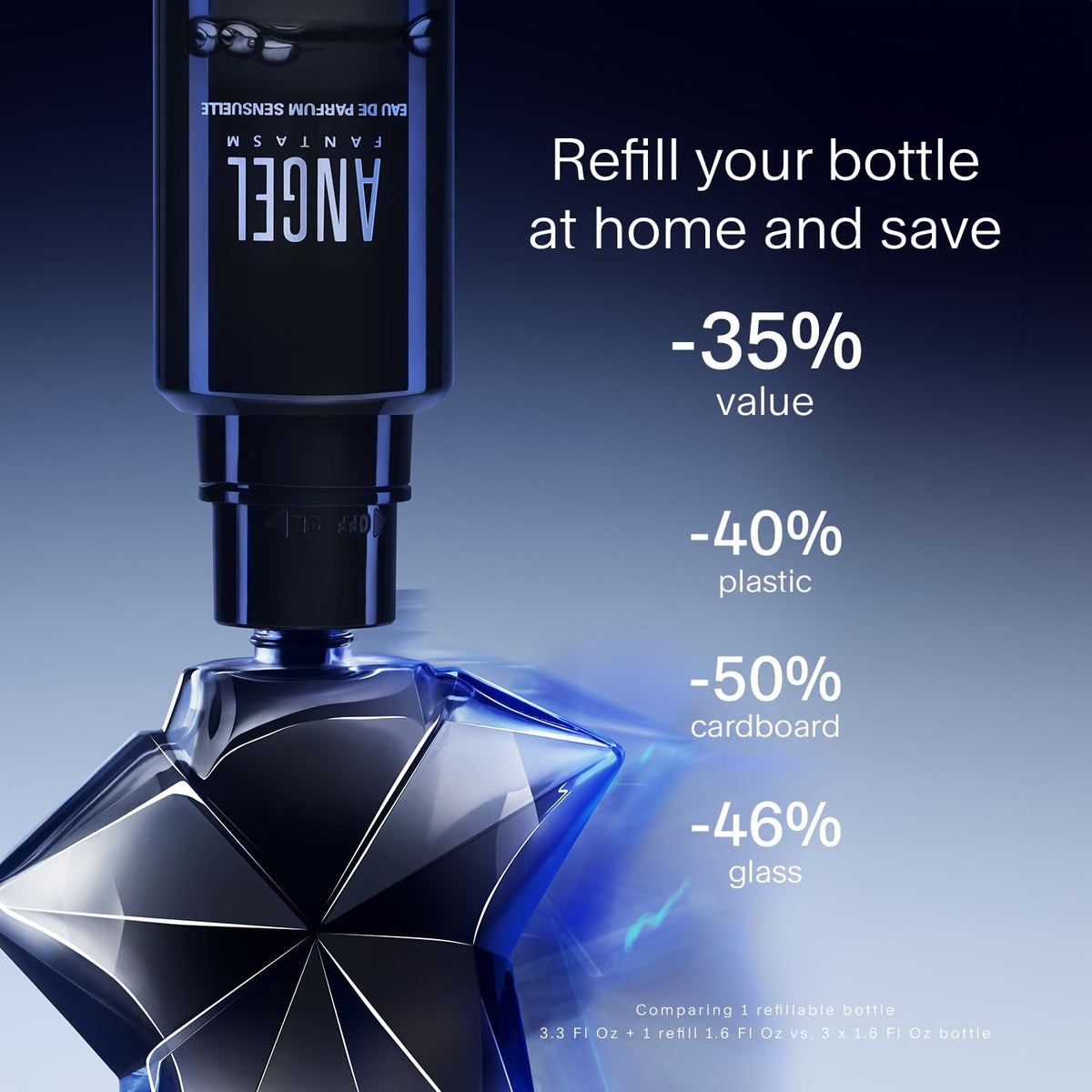 Mugler Angel Fantasm perfume bottle with spray cap shown for convenient application.
