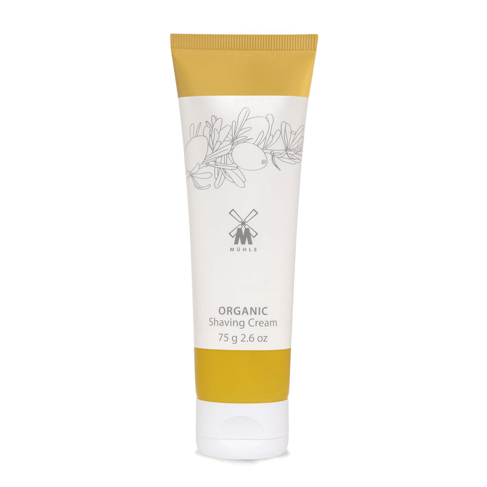 MÜHLE Organic Shaving Cream packaging with pump bottle for travel-ready grooming