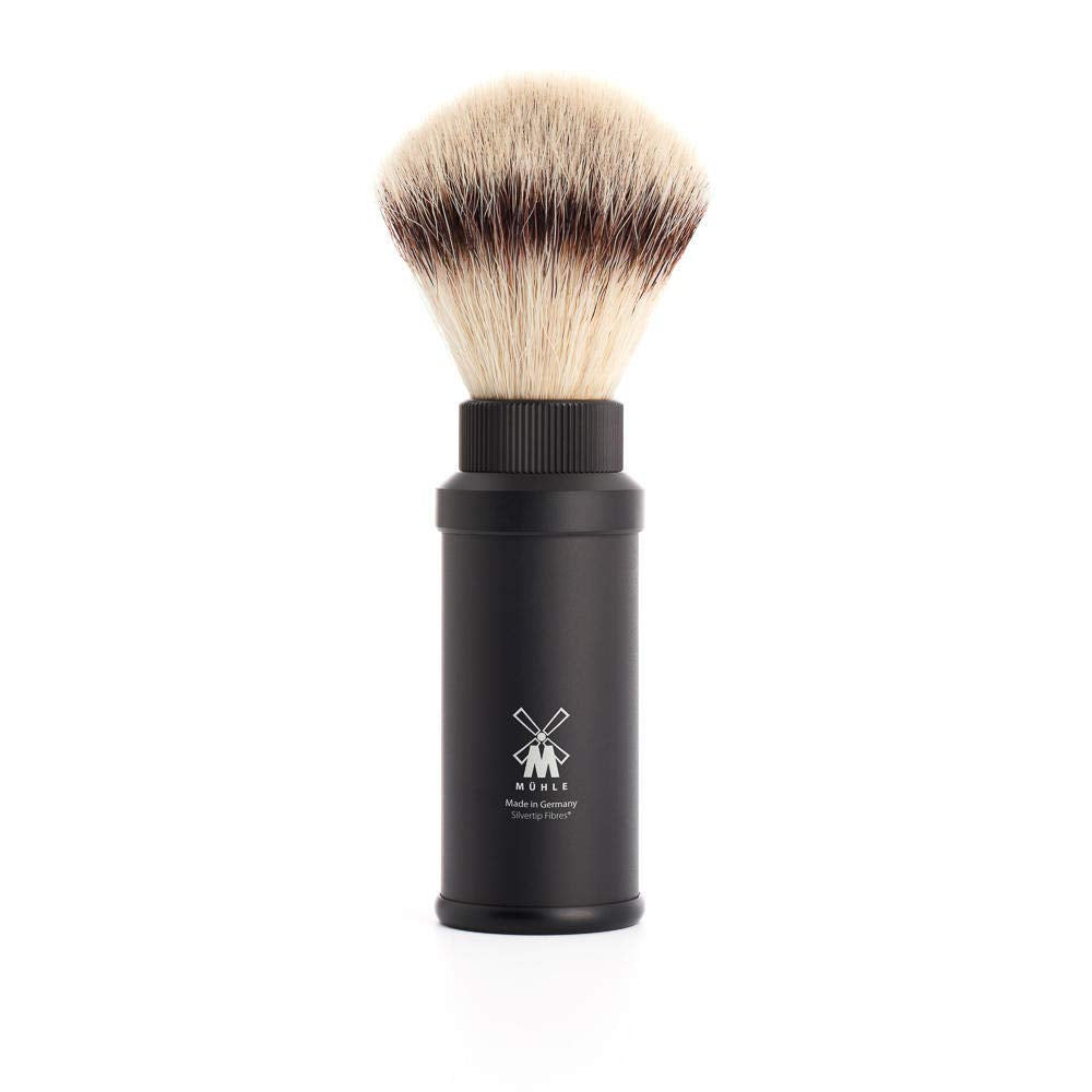 MÜHLE travel shaving brush with black aluminum handle offers portable luxury and rich lather