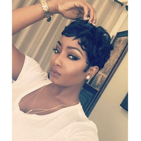MUJGOO natural black pixie cut wig front view showcases sleek, confident style