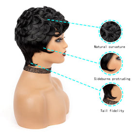 MUJGOO pixie wig side view reveals layered curls for versatile everyday looks