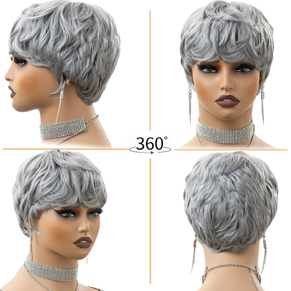 MUJGOO grey wig back view reveals seamless texture and shape
