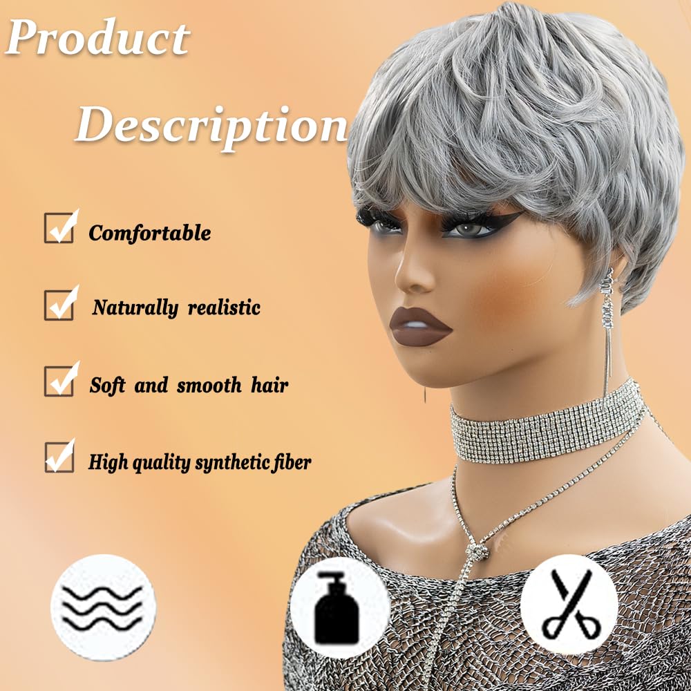 MUJGOO pixie grey wig side view showing lightweight styling