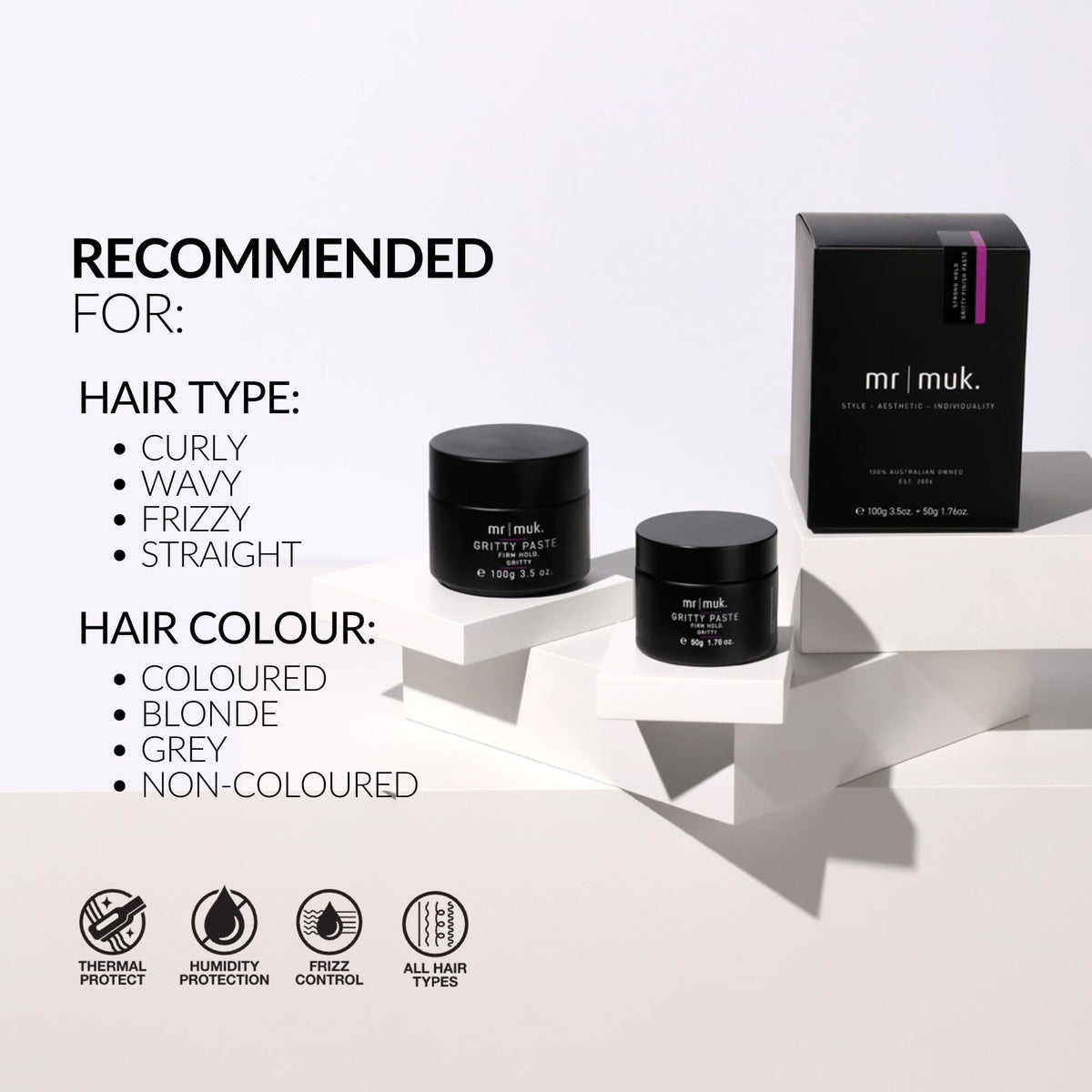 Mr MUK grit paste delivers rugged matte finish on hair.
