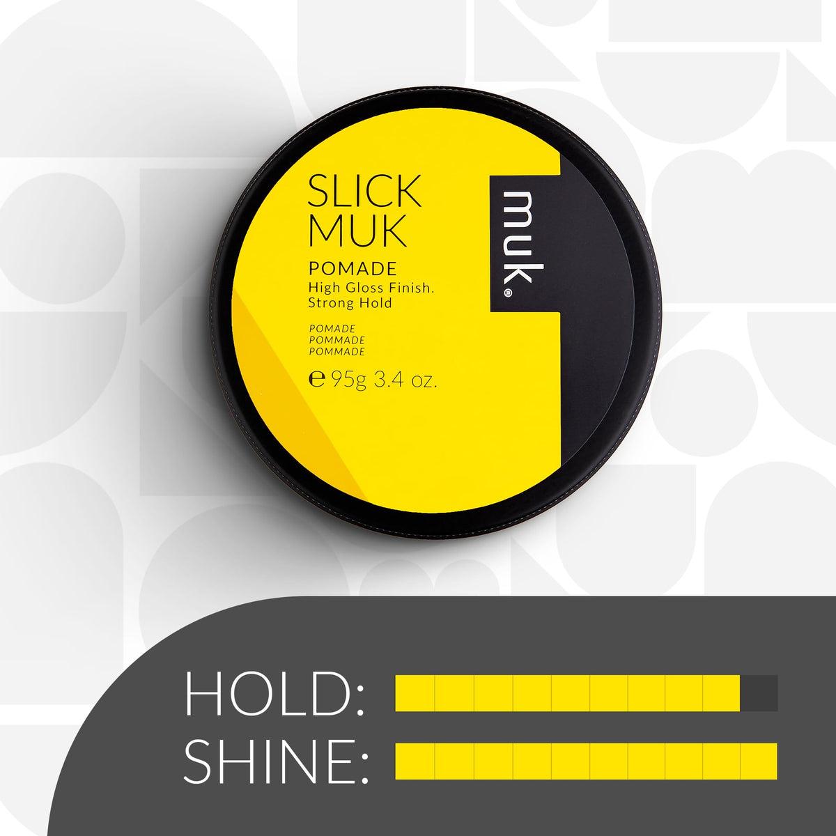 MUK Slick Muk High Gloss Pomade hair with a wet-look shine.