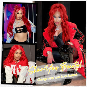 Mululi red wig front view with seamless line and natural part