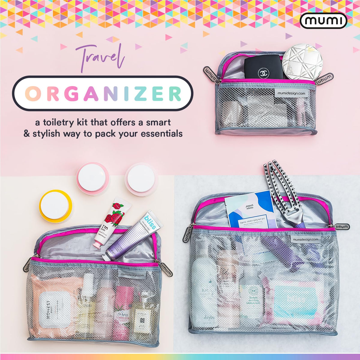 Close-up of MUMI clear PVC bags showing contents and mesh detail