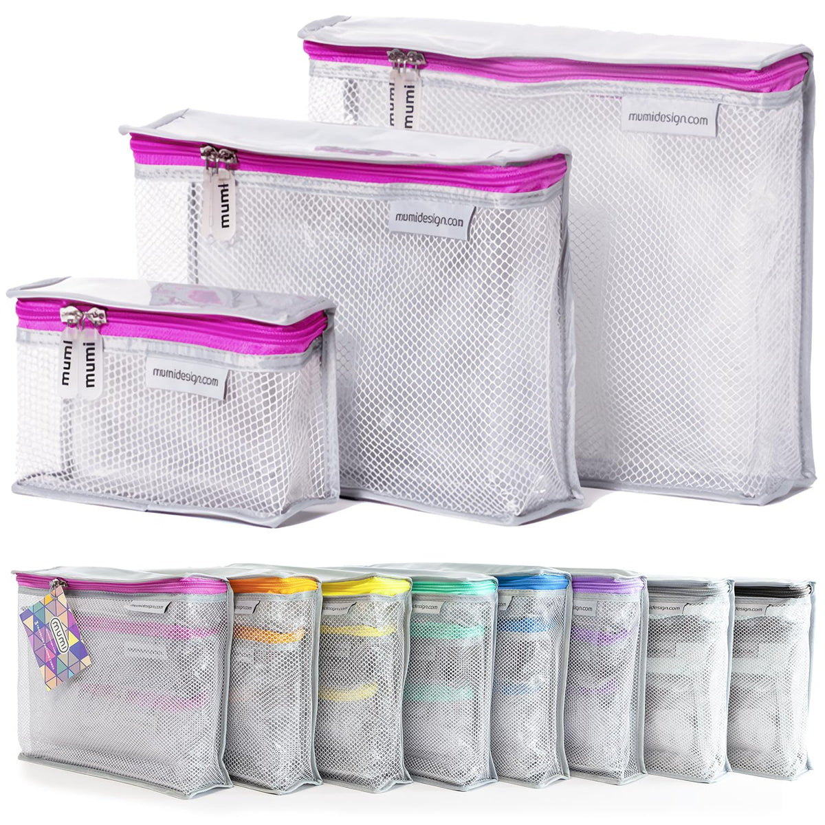 MUMI travel toiletry bag set with clear panels and pink accents