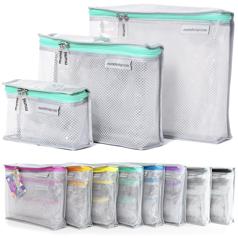 MUMI travel clear bag set arranged for organized packing on trips.
