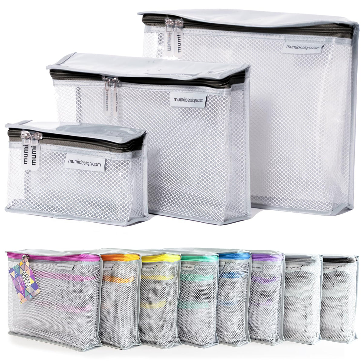 MUMI travel toiletry bag set displayed together for organized packing