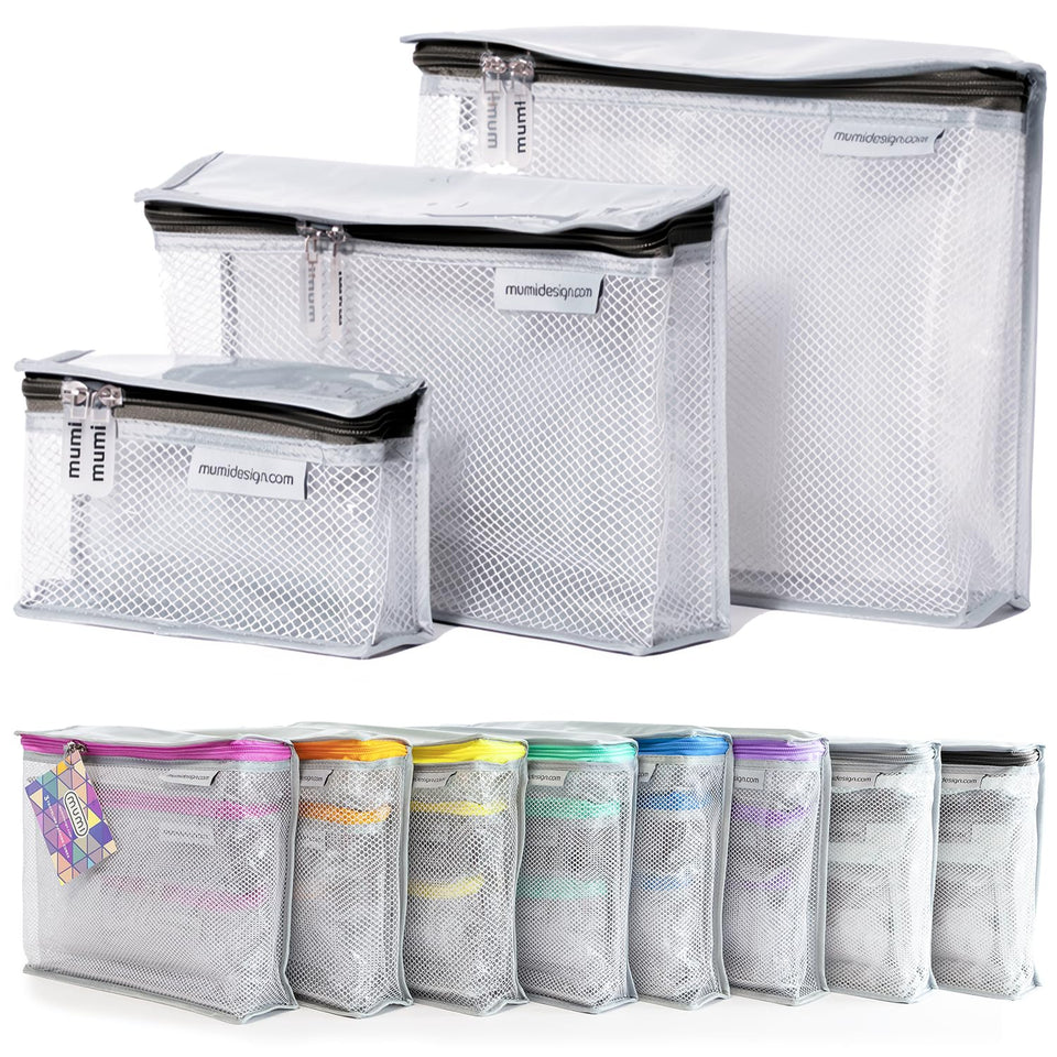 MUMI travel toiletry bag set displayed together for organized packing
