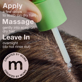 Mumms Scalp Serum application drops on dry hair for targeted scalp nourishment