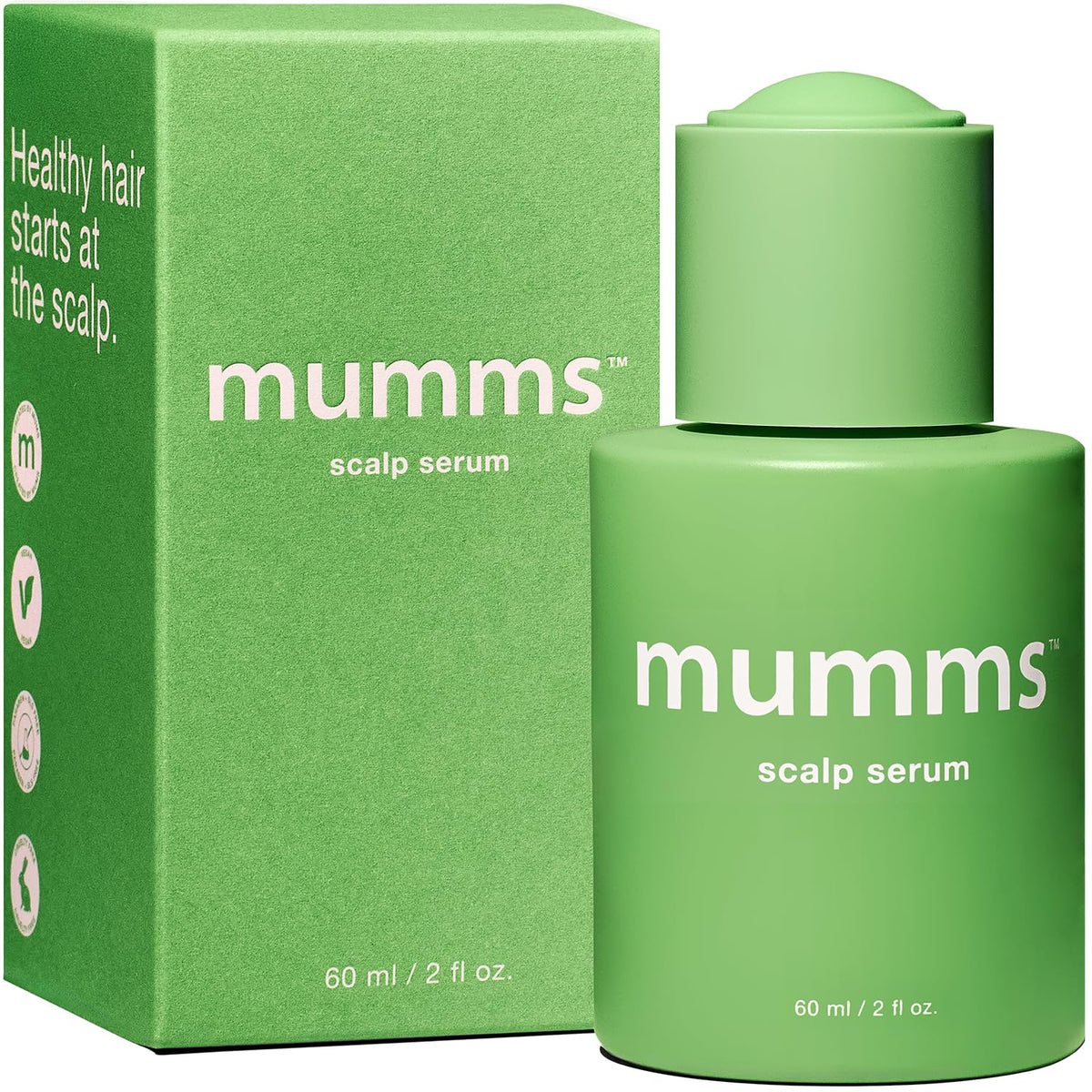 mumms Scalp Serum bottle front in a sleek green container for daily scalp care