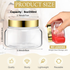 Mumufy clear jar with gold lid offering leak-proof storage for cosmetics.