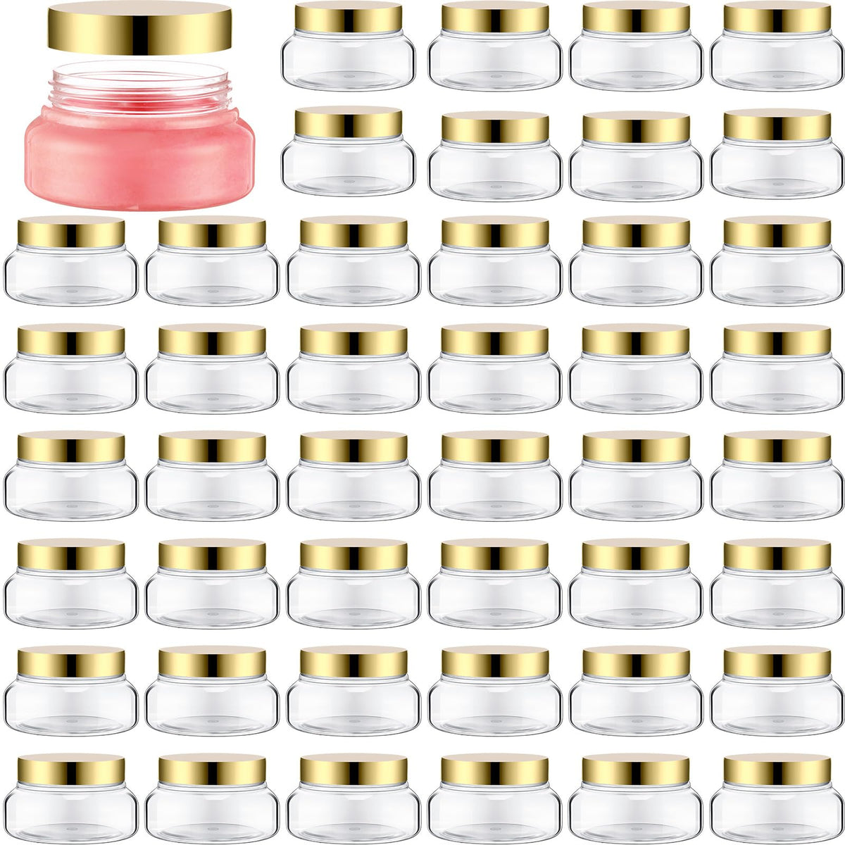 Mumufy round plastic container with clear body and gold lid, ideal for storing creams.