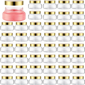Mumufy round plastic container with clear body and gold lid, ideal for storing creams.