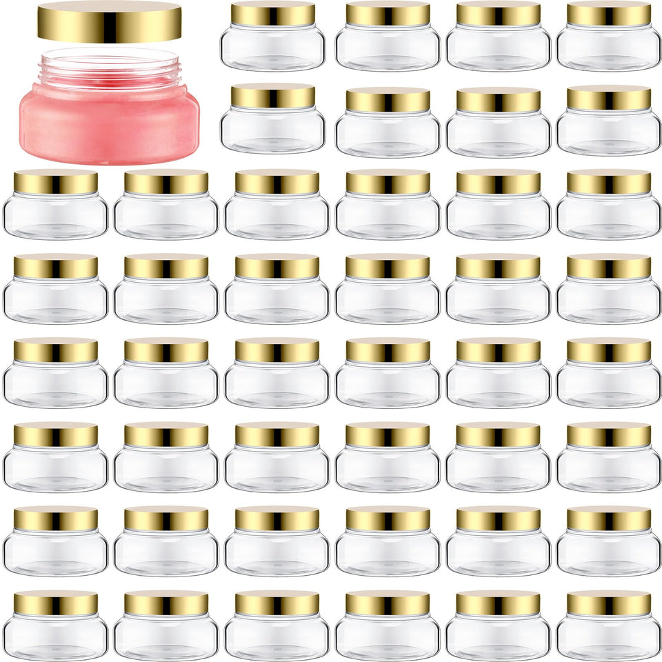 Mumufy round plastic container with clear body and gold lid, ideal for storing creams.