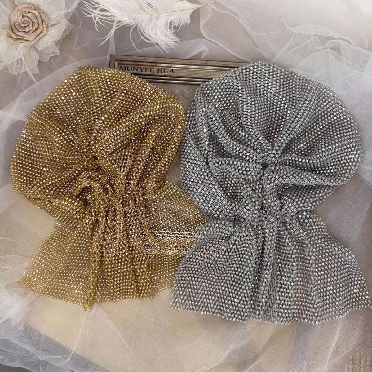 Munyee Hua crystal mesh cap close up shows subtle shine and texture