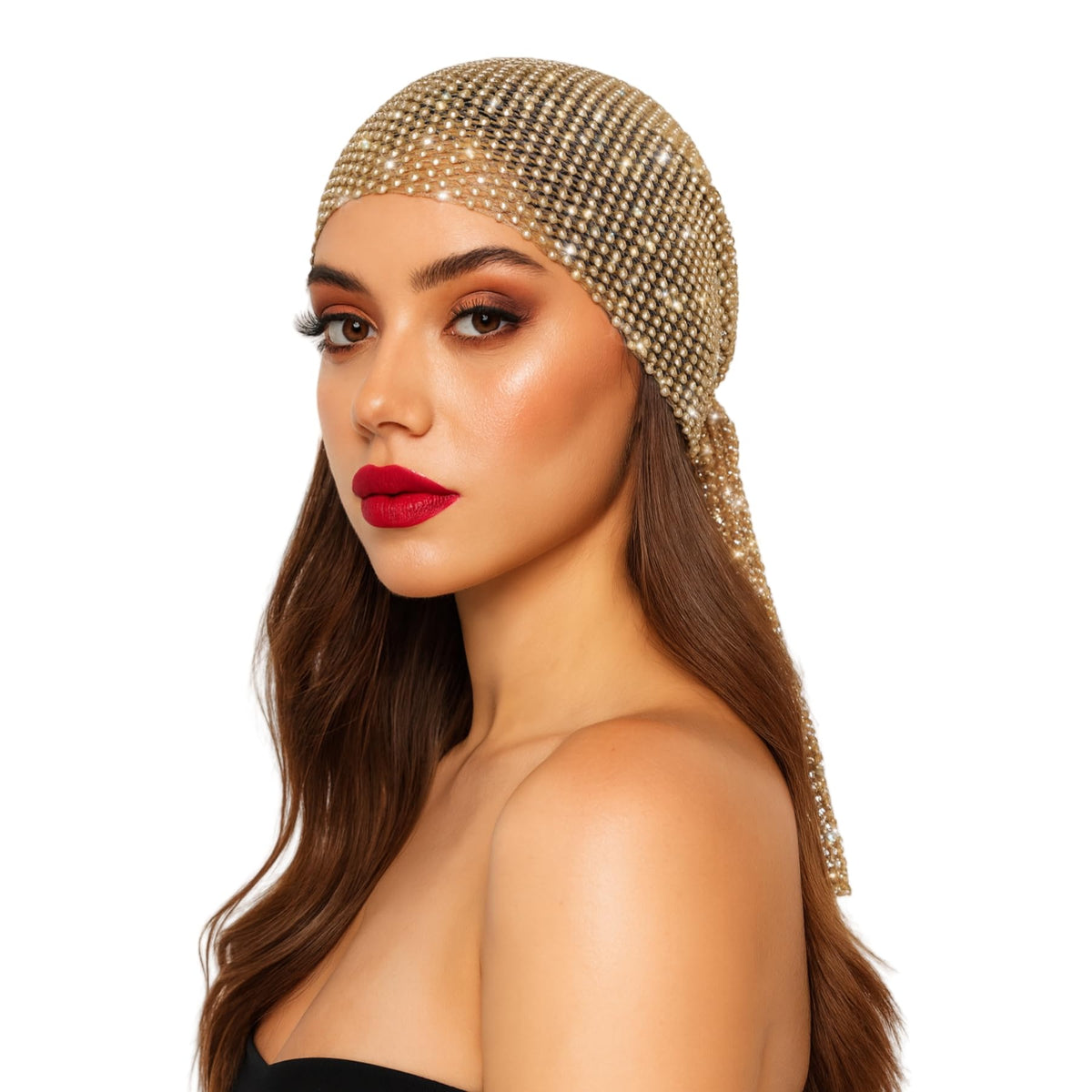 Munyee Hua rhinestone headscarf in gold, front view adds sparkling glam to any outfit