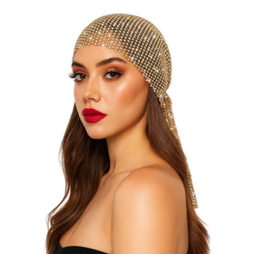 Munyee Hua rhinestone headscarf in gold, front view adds sparkling glam to any outfit
